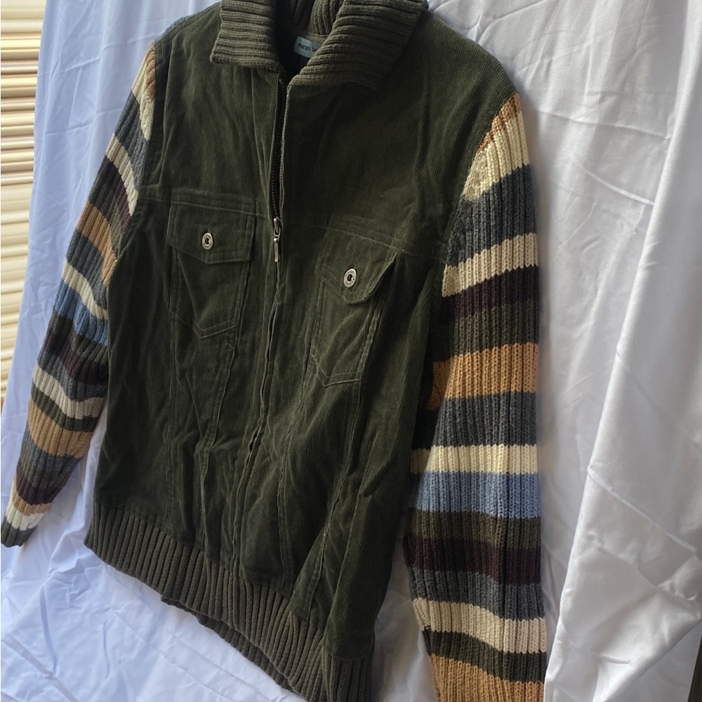 Marsh Landing Olive Green Zip-Up Jacket with Striped Knit Sleeves